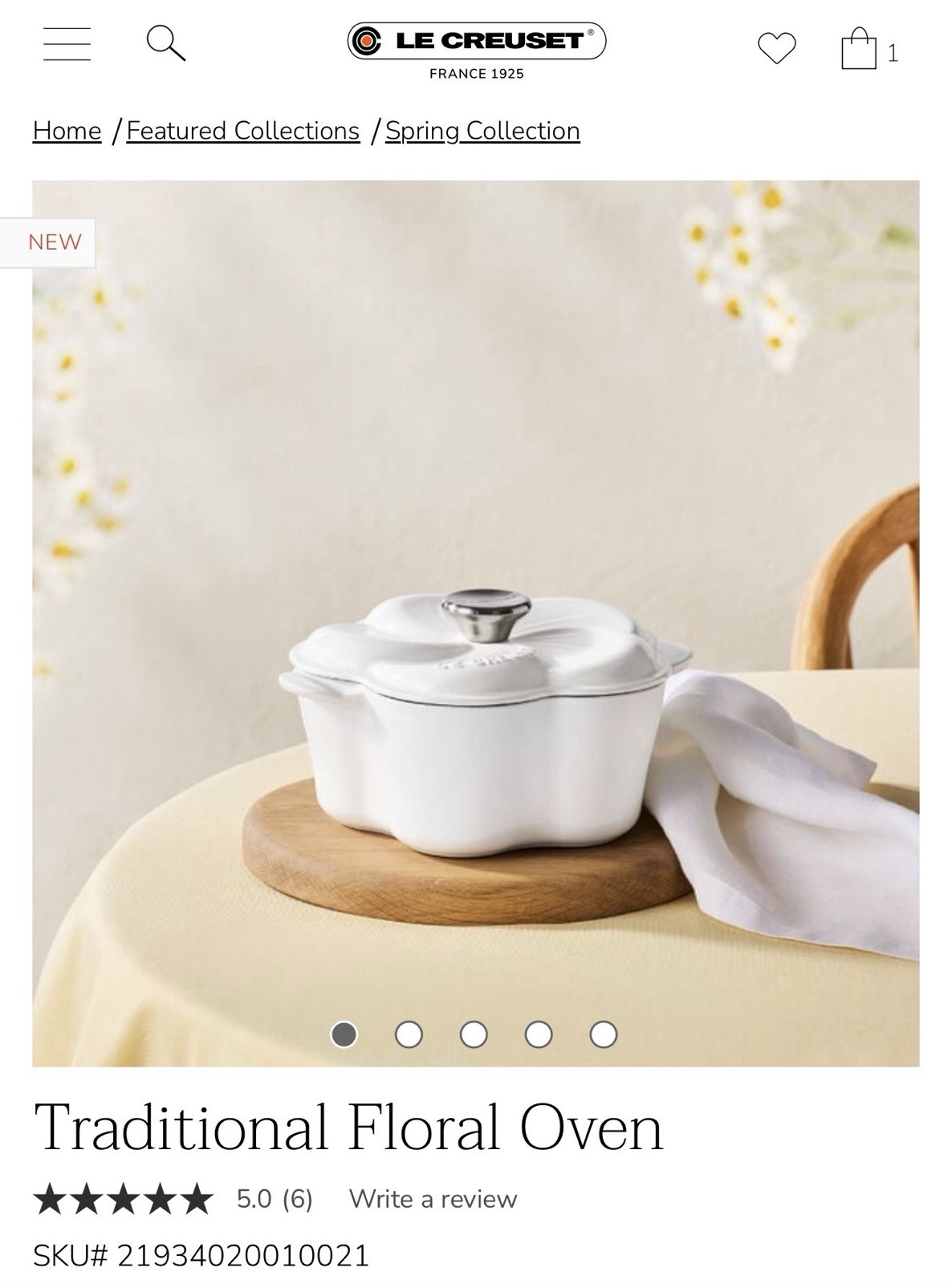 NEW Le Creuset Traditional Floral Flower Petal Cocotte 2.25 qt Dutch Oven White