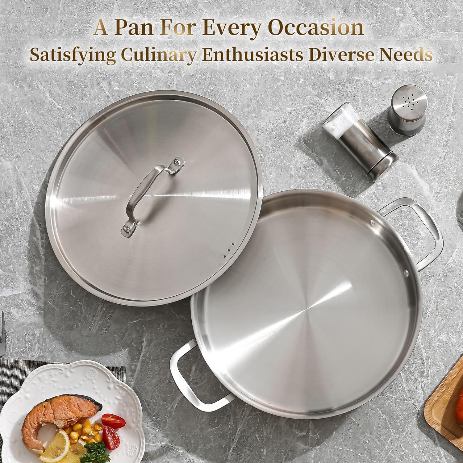 DELARLO Tri-Ply Stainless Steel 5 Quart Braiser Pan with Lid 5 Quarts, Silver