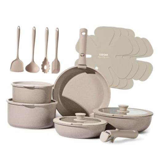 19pcs Pots and Pans Set Non Stick, Nonstick Cookware Set 19 PCS Taupe
