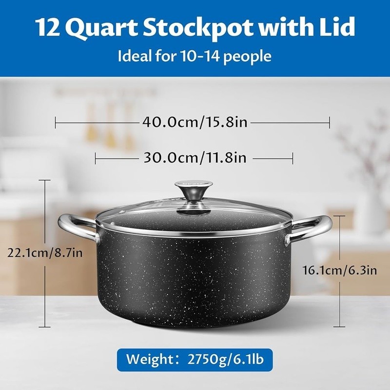 12Qt Non-Stick Granite Cooking Pot W/ Lid Induction Safe Aluminum Stock Pot New