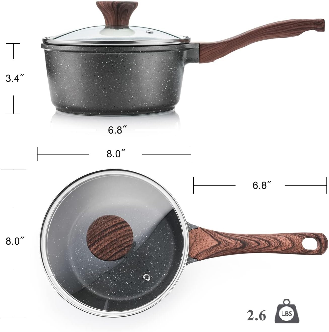 Swiss Nonstick Granite Coated Saucepan – 2.5 Quart Medium Pot with Glass Lid