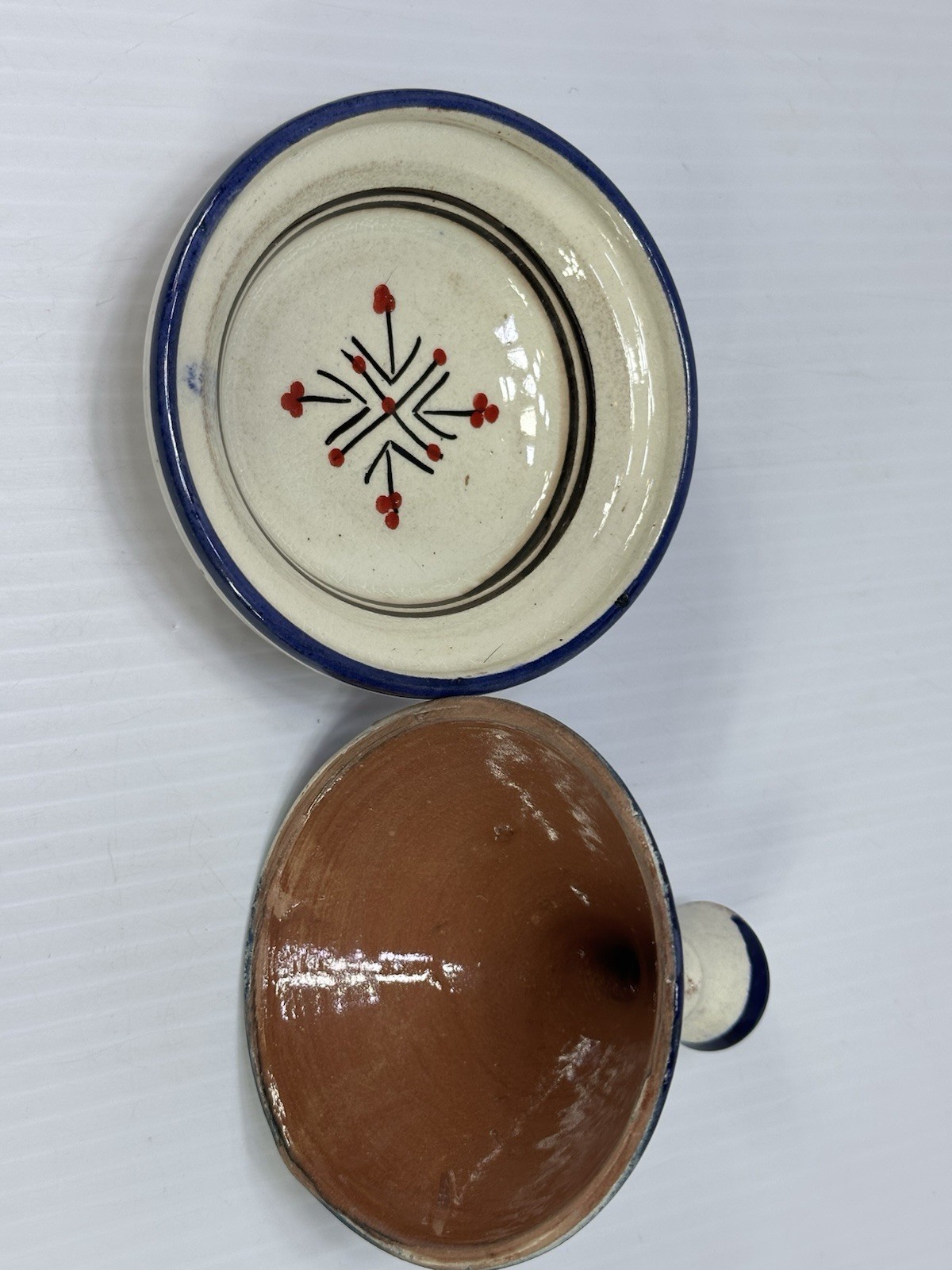 Vintage Small Moroccan Terracotta Tagine Pot Hand Painted Glazed Morocco Signed