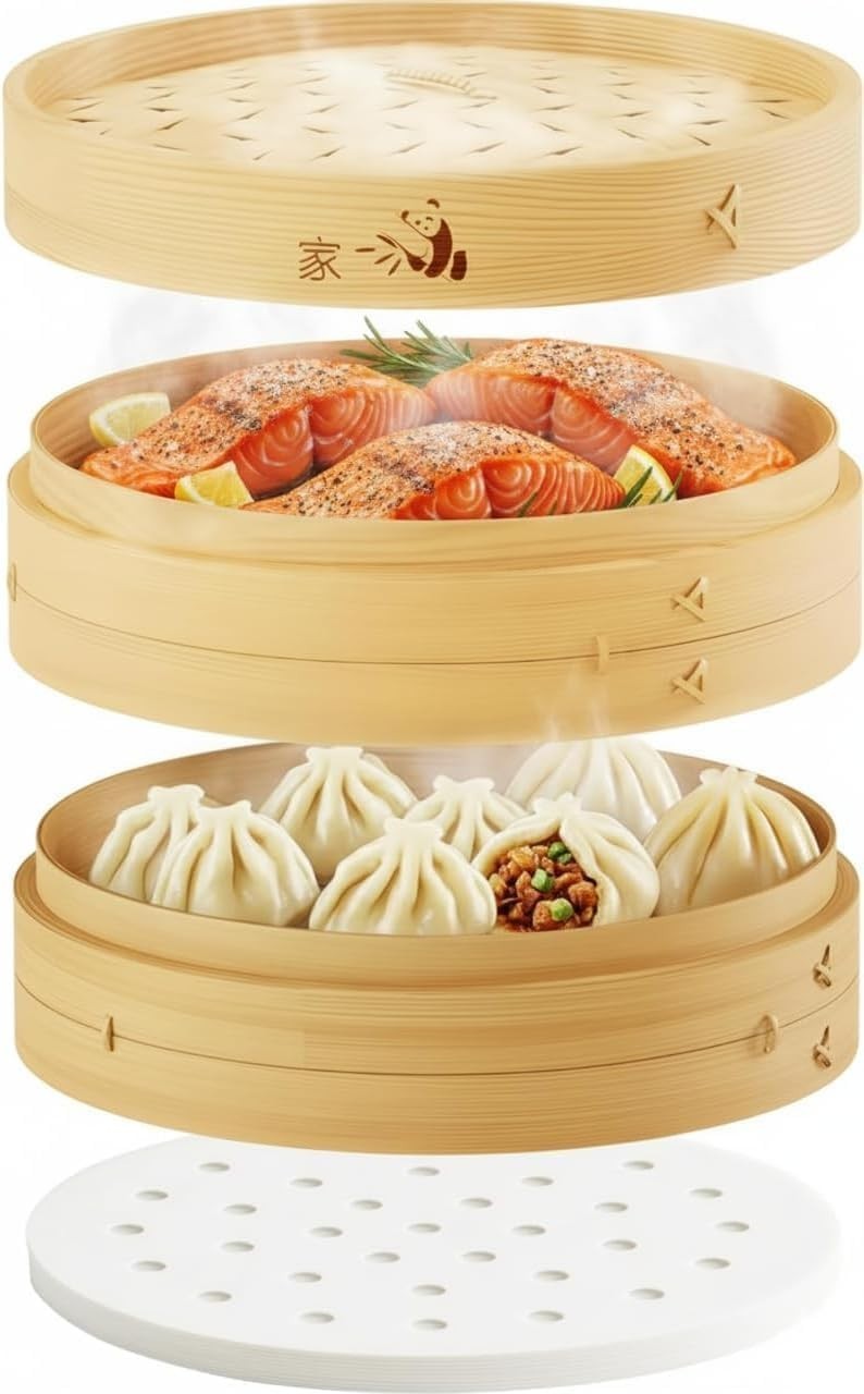 Authentic 2-Tier Bamboo Steamer with Lid for Cooking Rice and Asian Delicacies