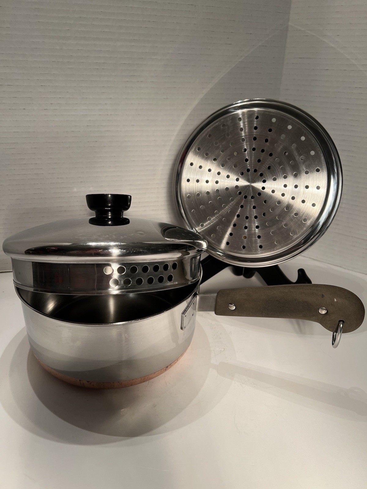 VTG Revere Ware copper-clad stainless steel 2 Qts saucepan Strainer Lid, Steamer