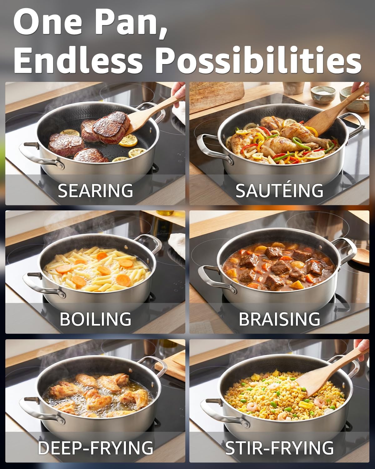 LOLYKITCH 5 QT Hybrid Ceramic Non Stick Tri-Ply Stainless Steel Sauté Pan wit…