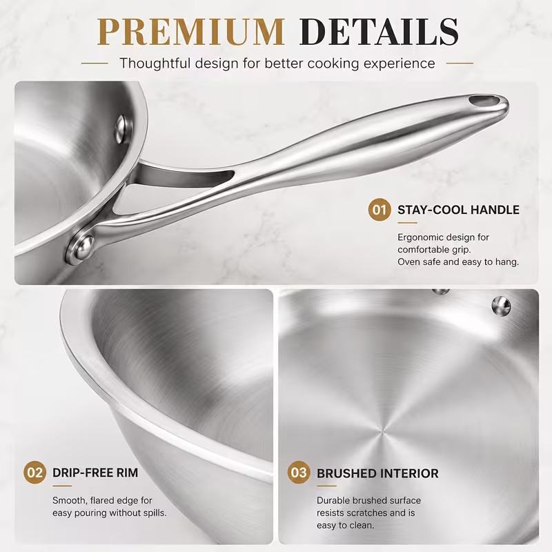 Stainless Steel Premium Triple-Layer 8-in Frying Pan Rapid and Even Heating.