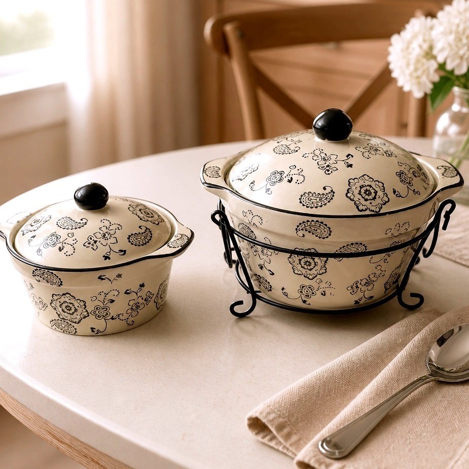 Temp-tations by Tara Paisley Ceramic Casserole Set 2.5QT 1QT Cream Black 5pc
