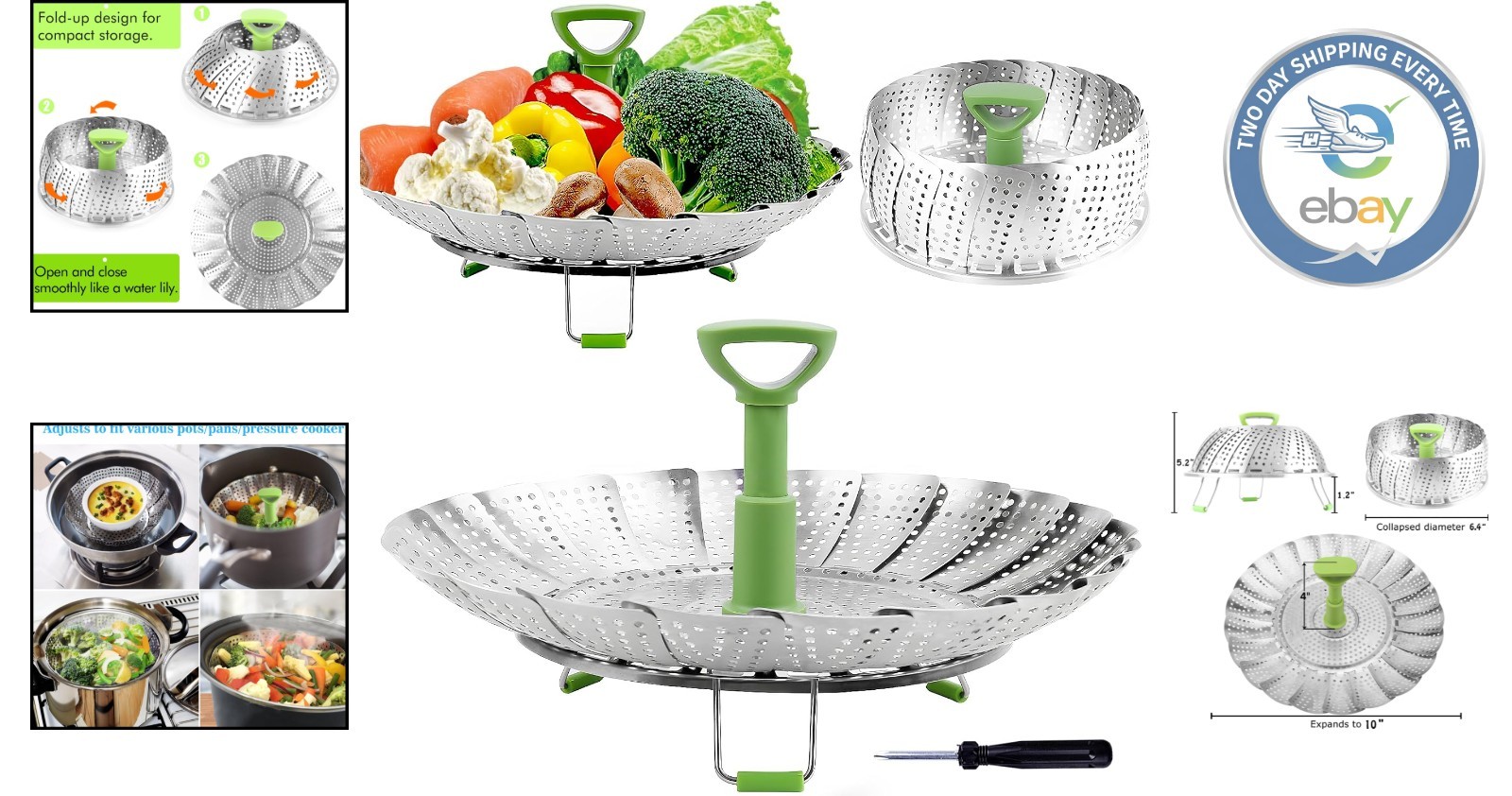 Stainless Steel Vegetable Steamer Basket, Expandable 6.4″ to 10″ for Healthy …
