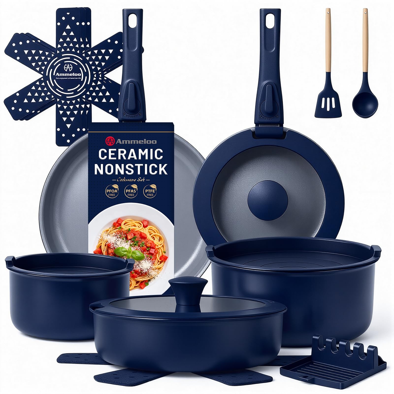 18-Piece Ceramic Pots and Pans Set Non Stick, Non Toxic Cookware Set with Remova