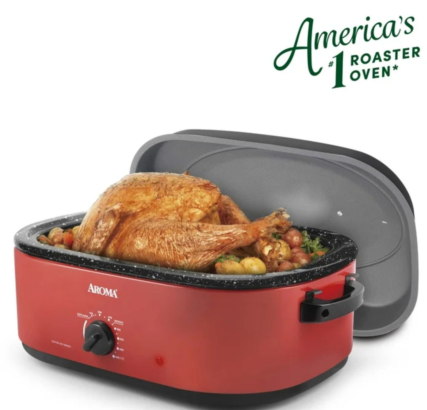 Aroma 18Qt Electric Roaster Oven with High Dome Lid, Granite Enamel Finish, Red
