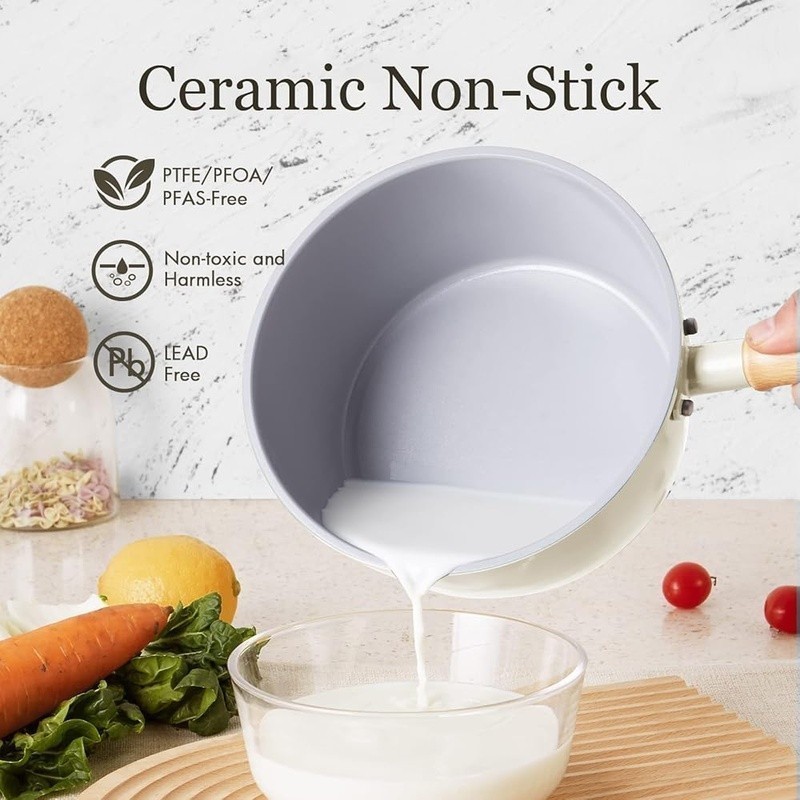 Nonstick Ceramic Saucepan W/ Lid Wooden Handle Steamer Pot 3QT Heat Resistant US