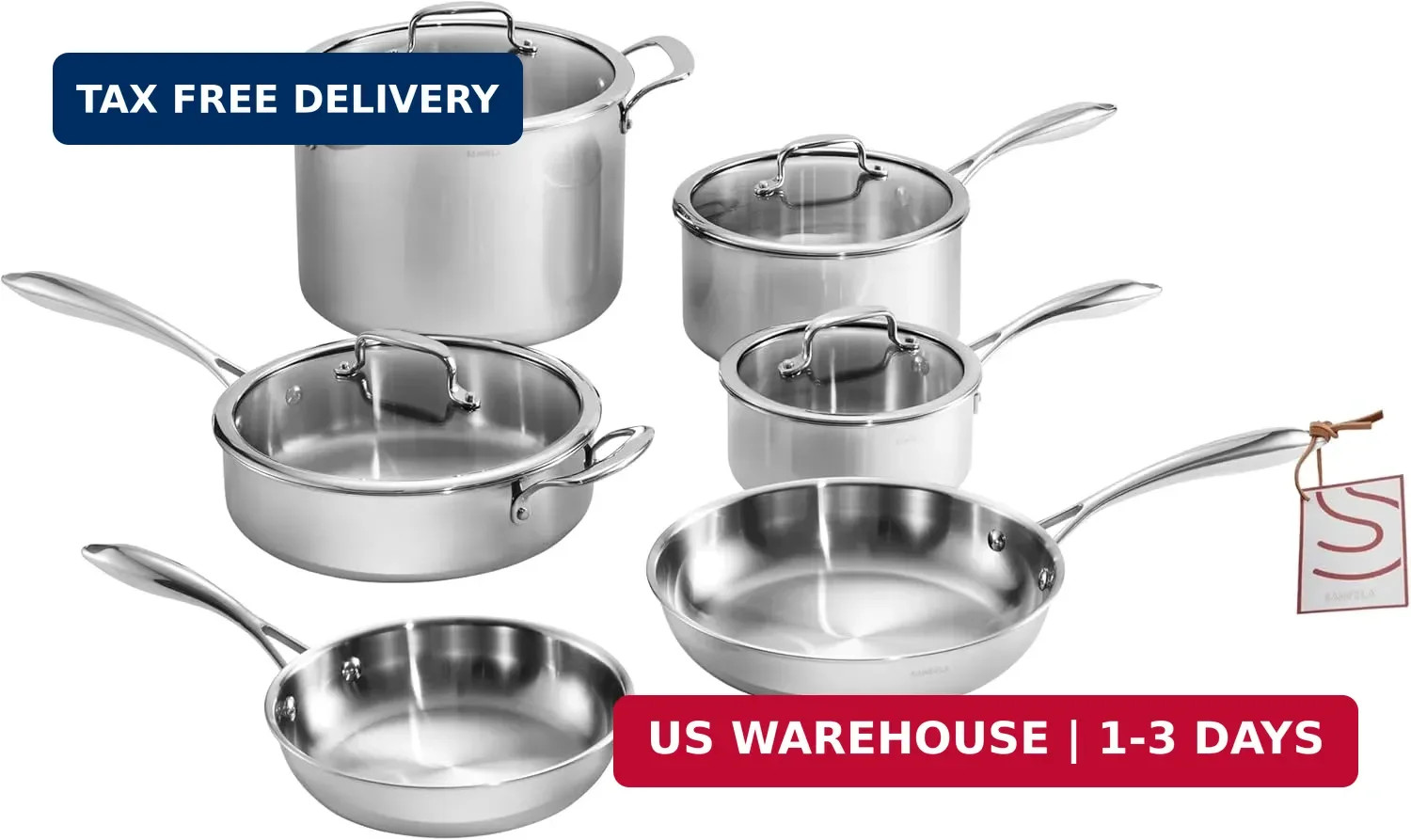 Cookware, 10 Piece Stainless Steel Pot and Pan Set, 5 Ply Clad, Includes Frying