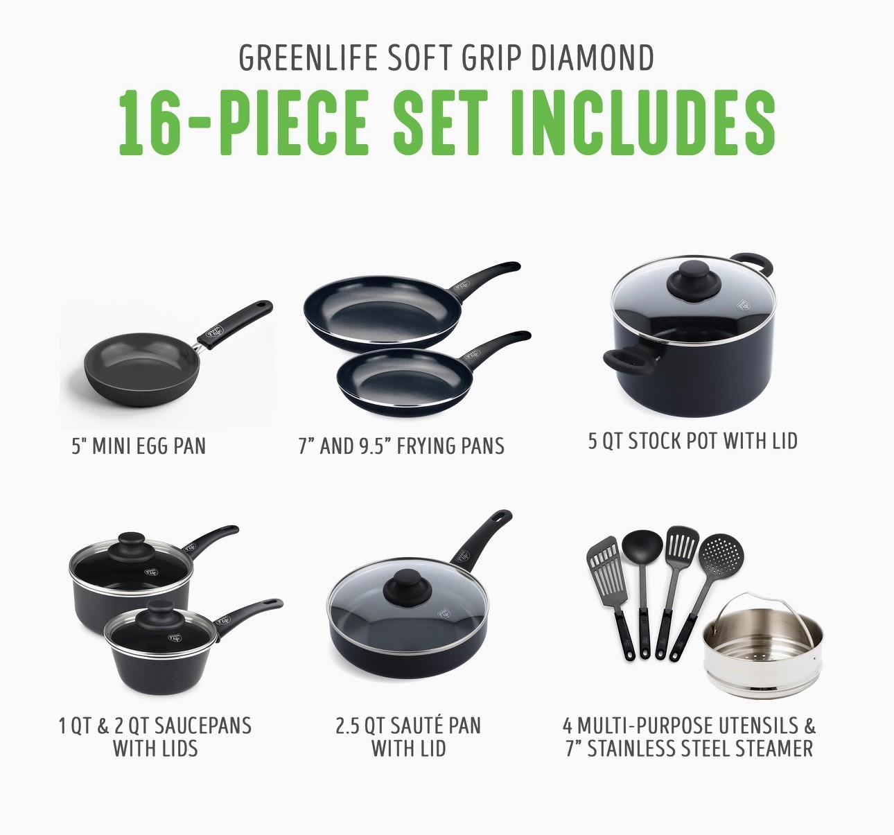 GreenLife 16 Piece Nonstick Cookware Set NonToxic Pots & Pans Black, New In Box