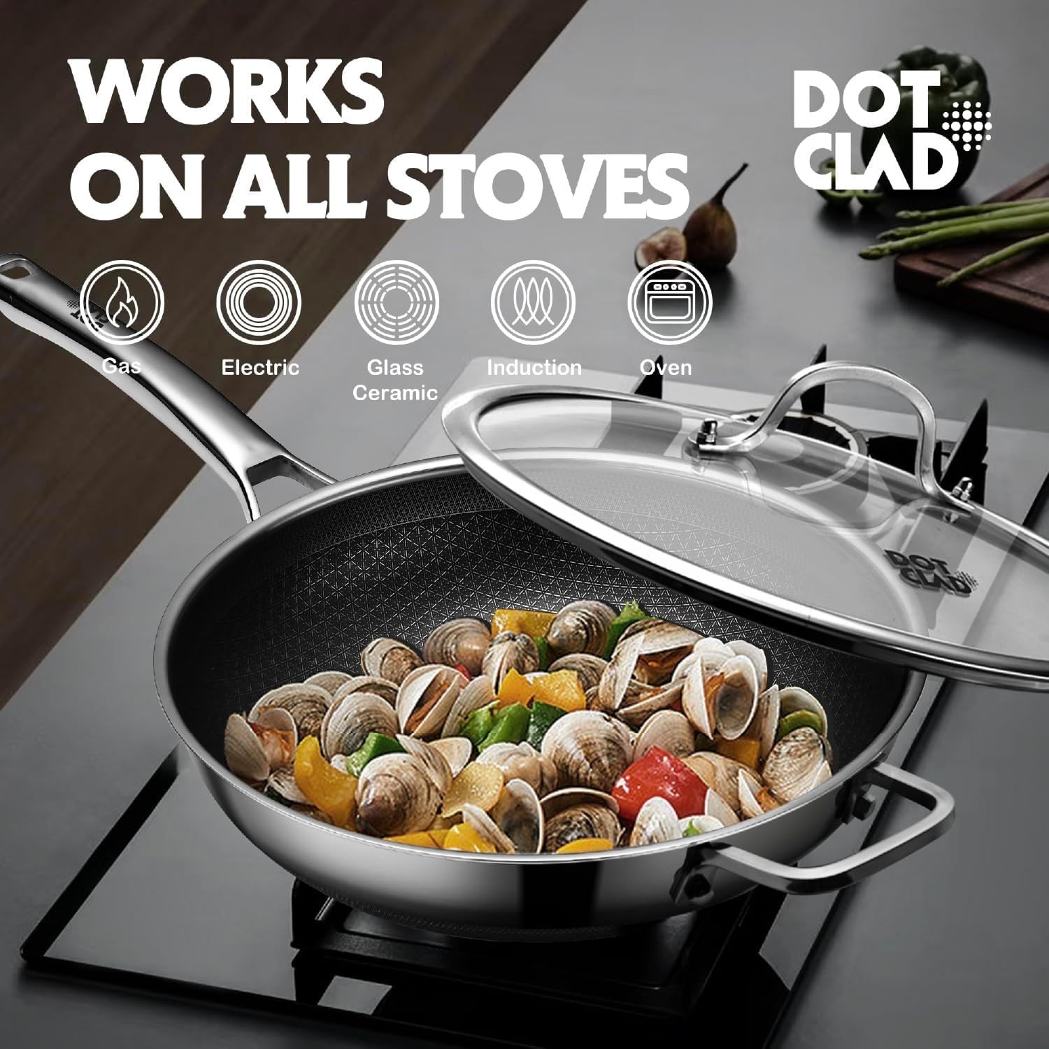 Wok Pan Hybrid 12 inch Wok with Lid Cover Stir-fry pans Nonstick Stainless Steel