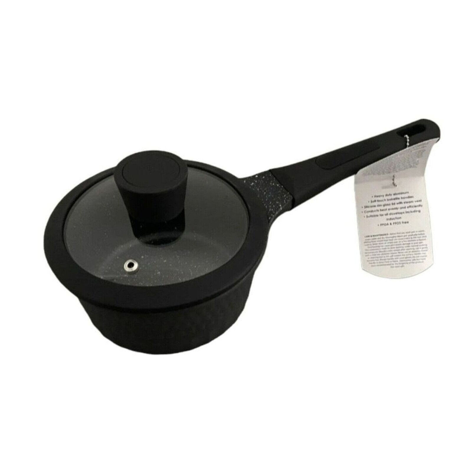 D&W Premium Cookware 6.3in Saucepan Casserole Nonstick With Lid 1.4Qt Black
