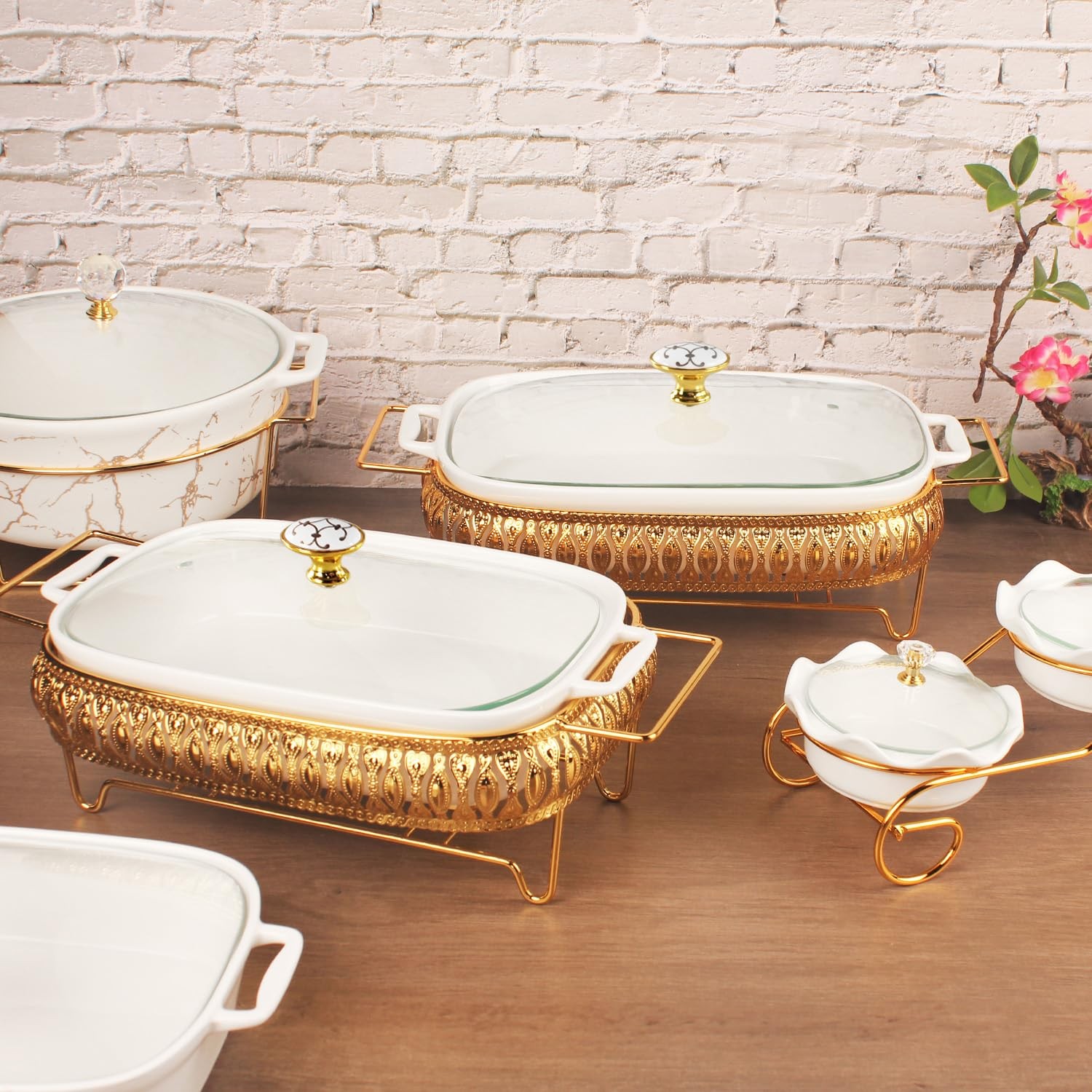 Jinsongdafa 10 X 7 Ceramic Oval Casserole Dish Glass Lid And Gold Rack 30 Ounce