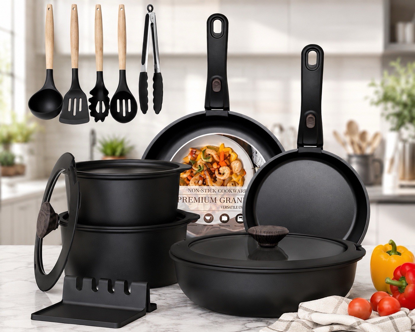 20 Pcs Cookware Non-Stick Pots & Pans Ceramic Kitchen Set with Handles