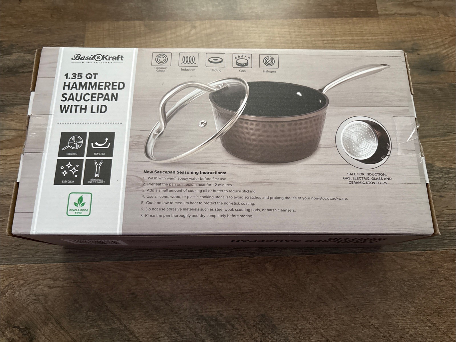 NEW IN BOX Basil & Kraft 1.35 Qt Hammered Saucepan With Lid