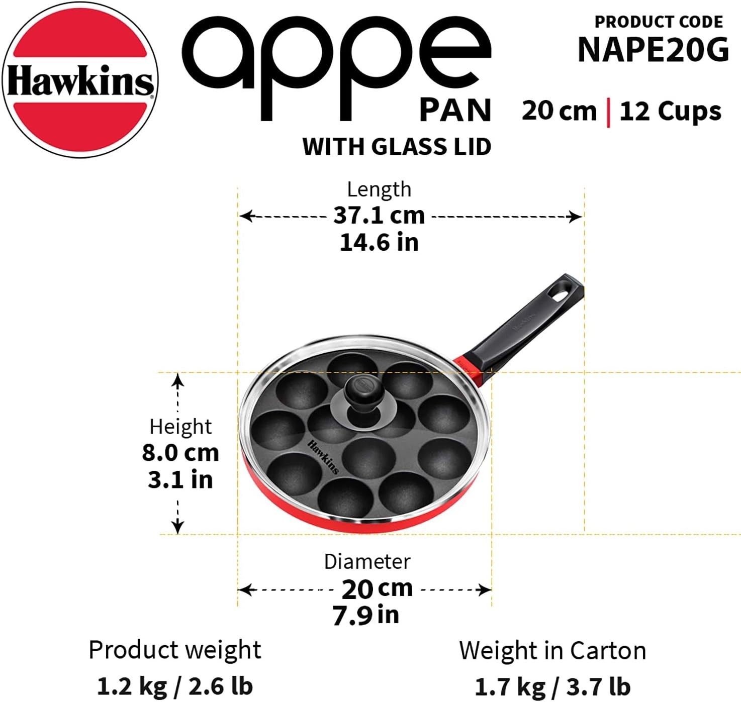 Nonstick Appe Pan with Glass Lid, 12 Cups, Diameter 20 cm, Black, Cast Alumin…