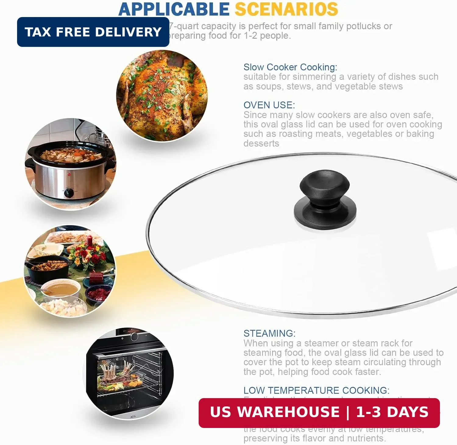 Oval Glass Crock Pot Lid 7 Quart Replacement for Oval lid Crock Pot Slow Cooker