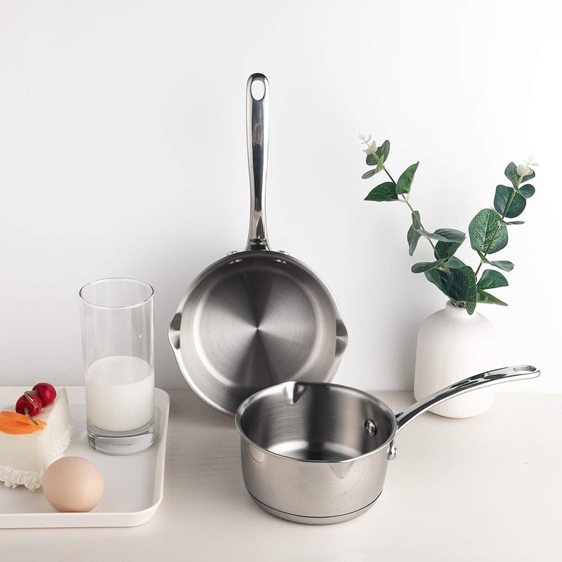 Tri-Ply Stainless Steel Saucepan Dual Pour Spouts Ergonomic Handle Compact Size