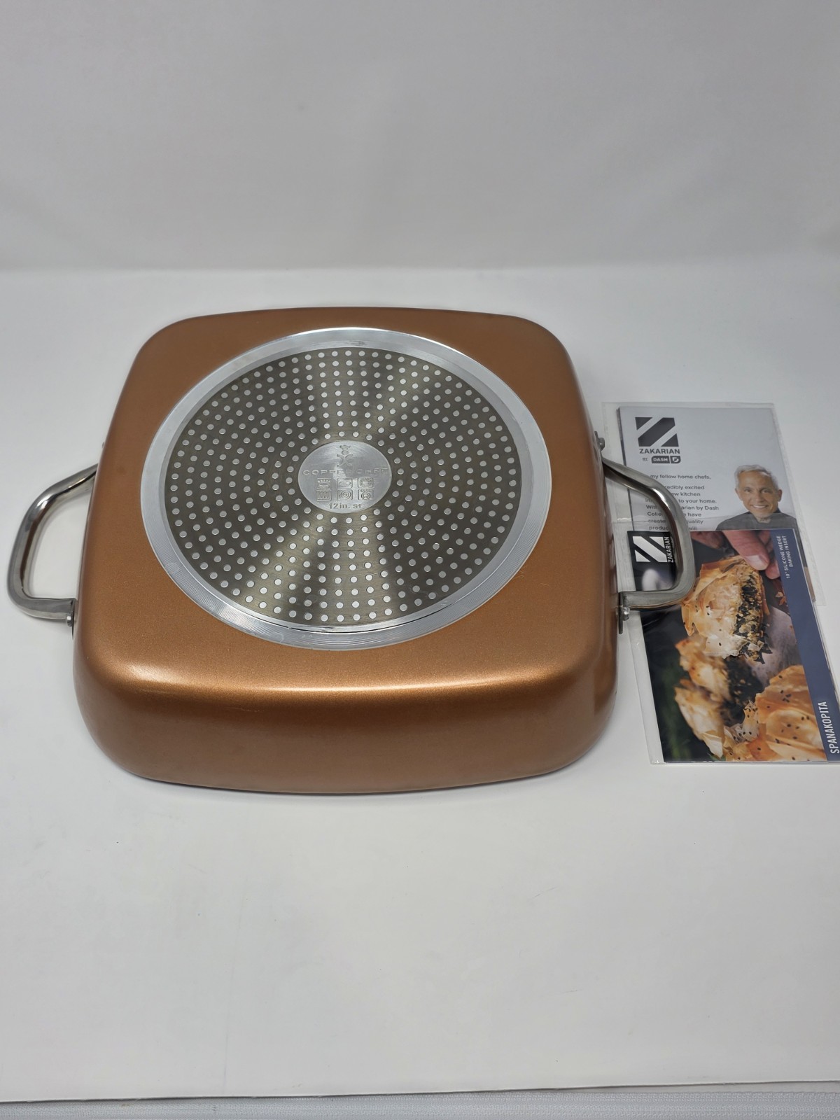 New Copper Chef 12″ Square Deep Fry Pan Skillet w/ Glass Lid Rack Recipe Book