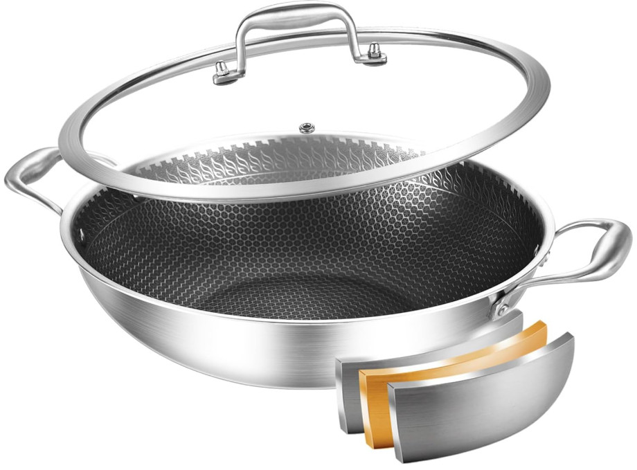 Wok antiadherente12 Inch con tapa, acero inoxidable 3 capas, apto inducción