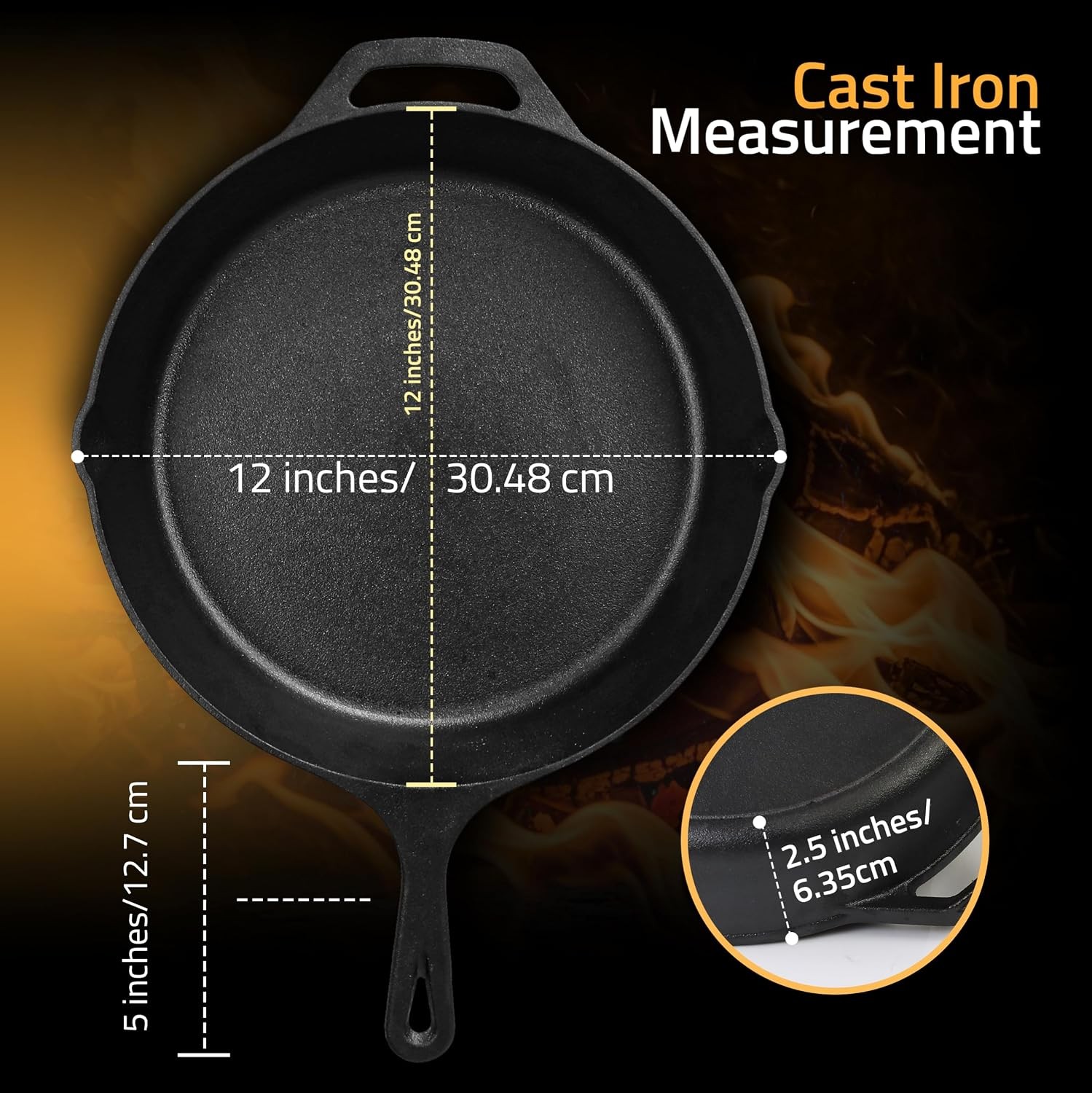 12″ Cast Iron Skillet Chefs Pan – Pre-Seasoned, Even Heat, PFAS-Free, Black