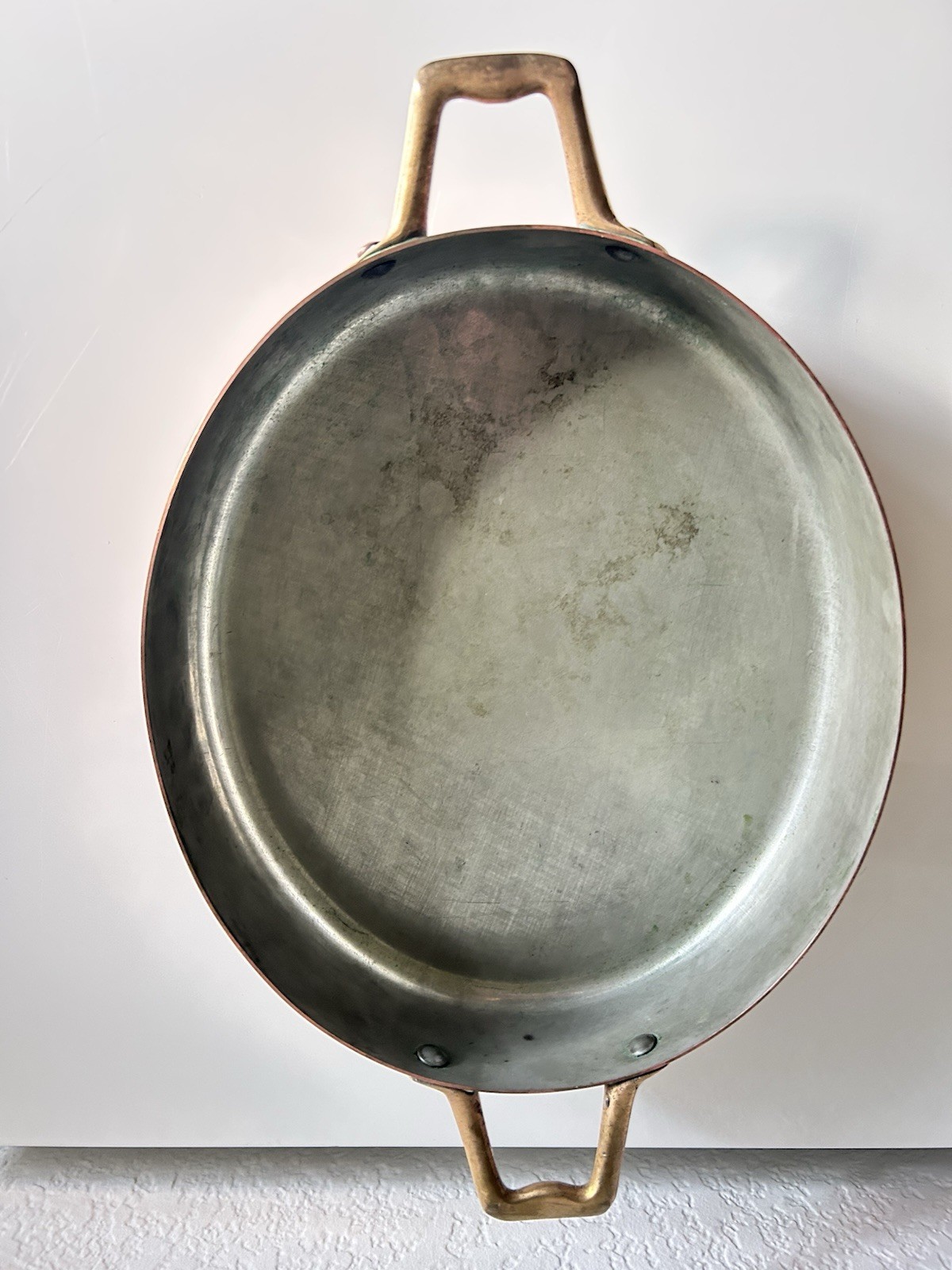 Vintage Copper Tin Lined Brass Handle Gratin Pan Set 2 Cobre Made in Chile