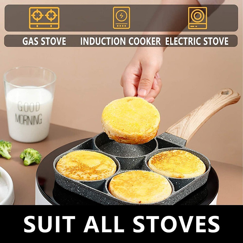 4 Holes Egg Fry Pan Pancake Maker Non-stick Egg Hamburger Pan W/ Wooden Handle