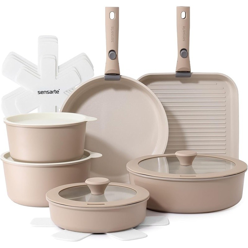 17 Piece Nonstick Ceramic Cookware Set Stackable Removable Handle Safe New