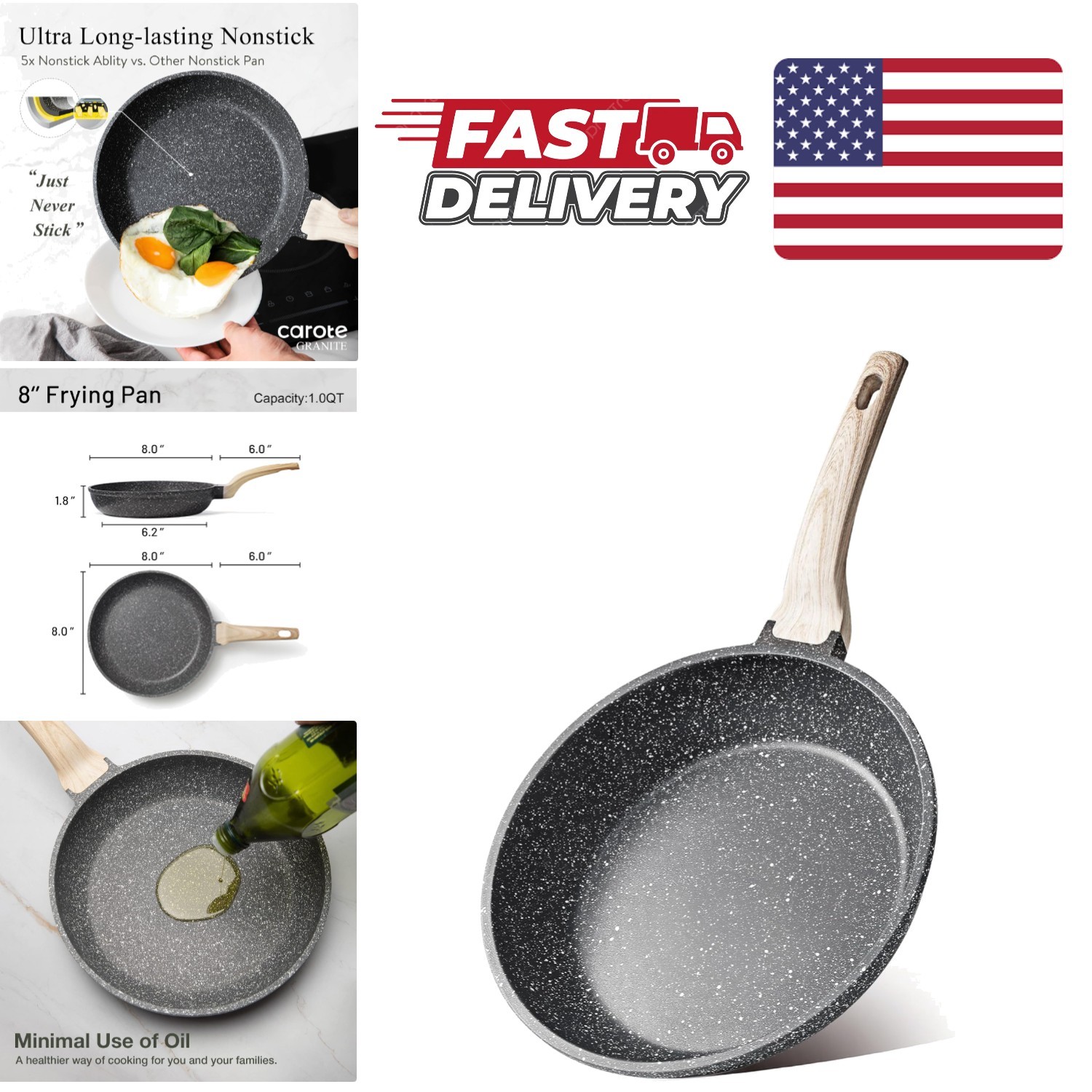 8 Inch Nonstick Frying Pan Classic Granite Cookware All Stovetop Compatible