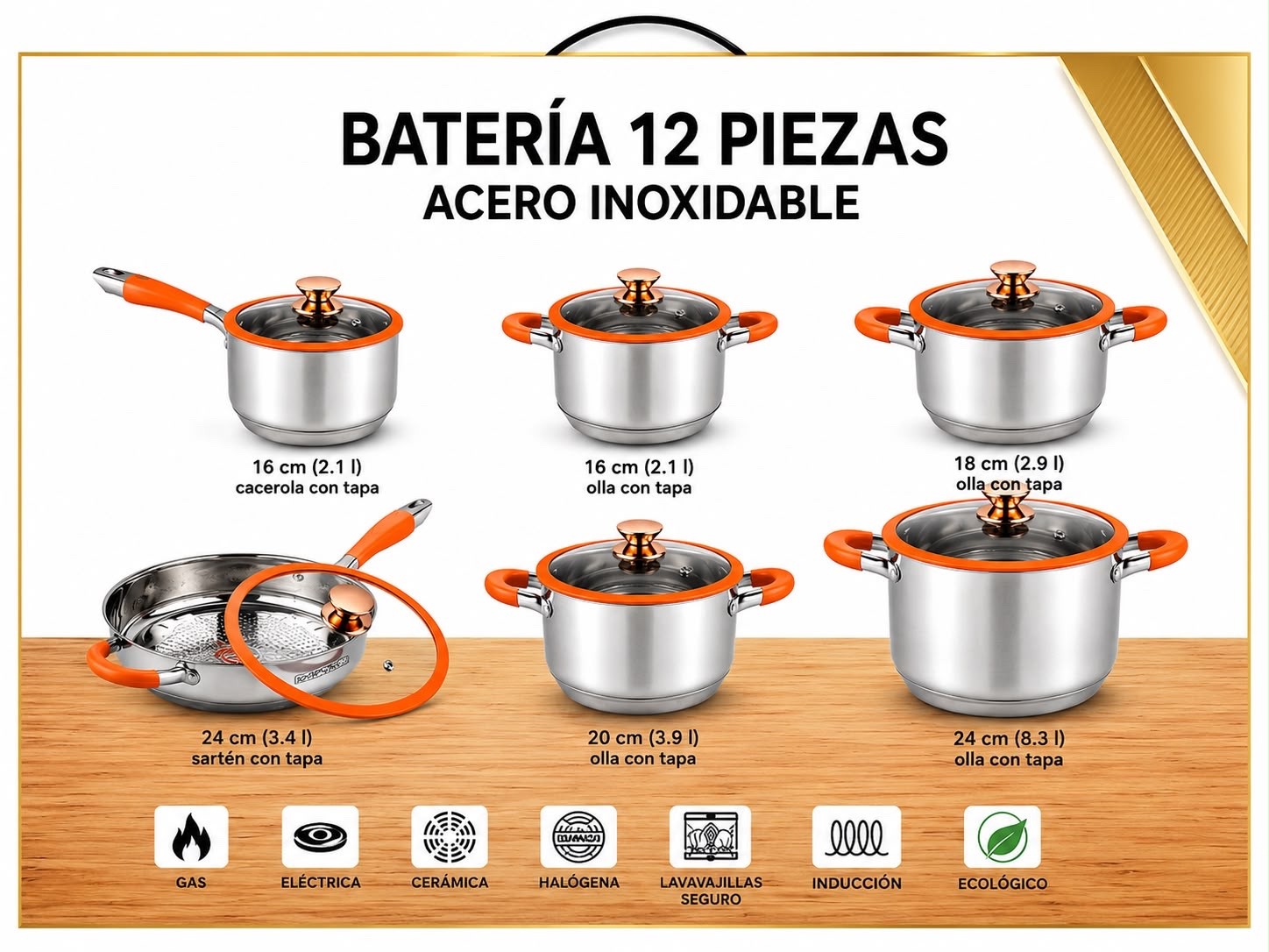 12-Piece Stainless Steel Cookware Set Induction Ready GALES PREMIUM-ORANGE