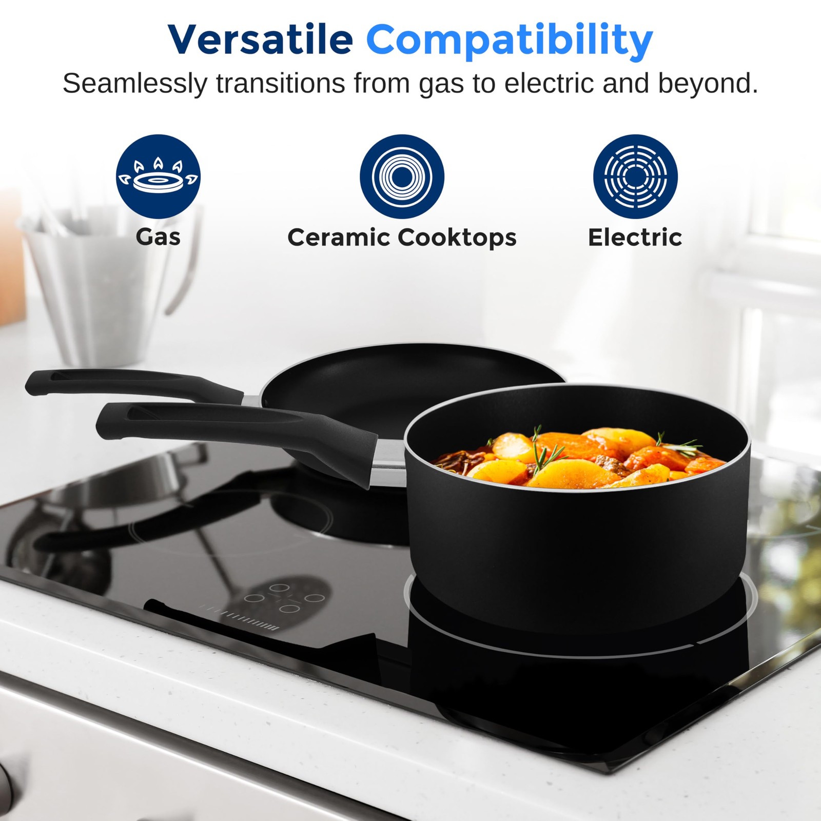 SereneLife 6-Piece Nonstick Cookware Set, Black, Dishwasher Safe