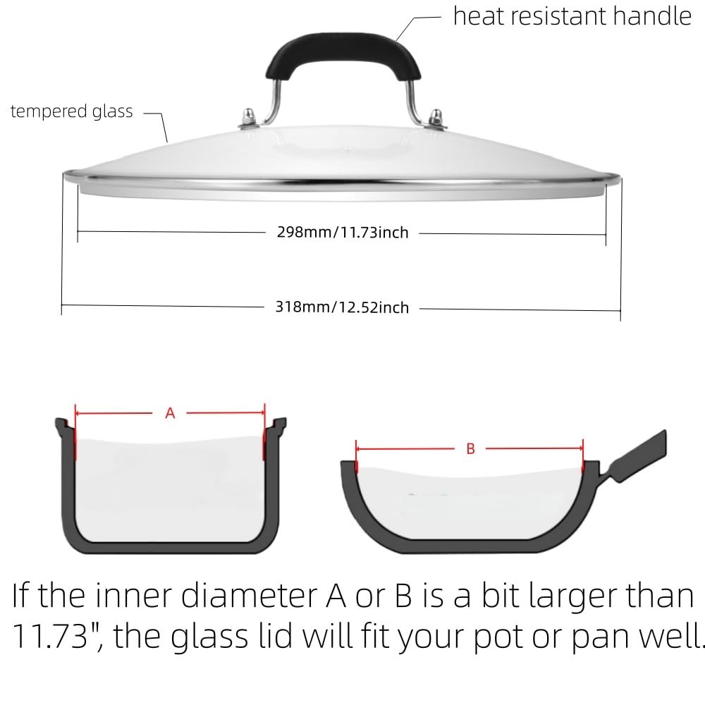 Glass Lid for Pots and Pans, 121/2 Inch 113/4 Inch Inner Diameter Tempered Gl…