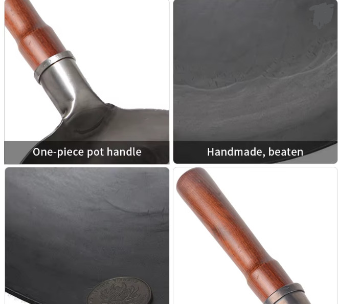 Hand Hammered Wok,traditional Iron Wok No Coating Wooden Handle
