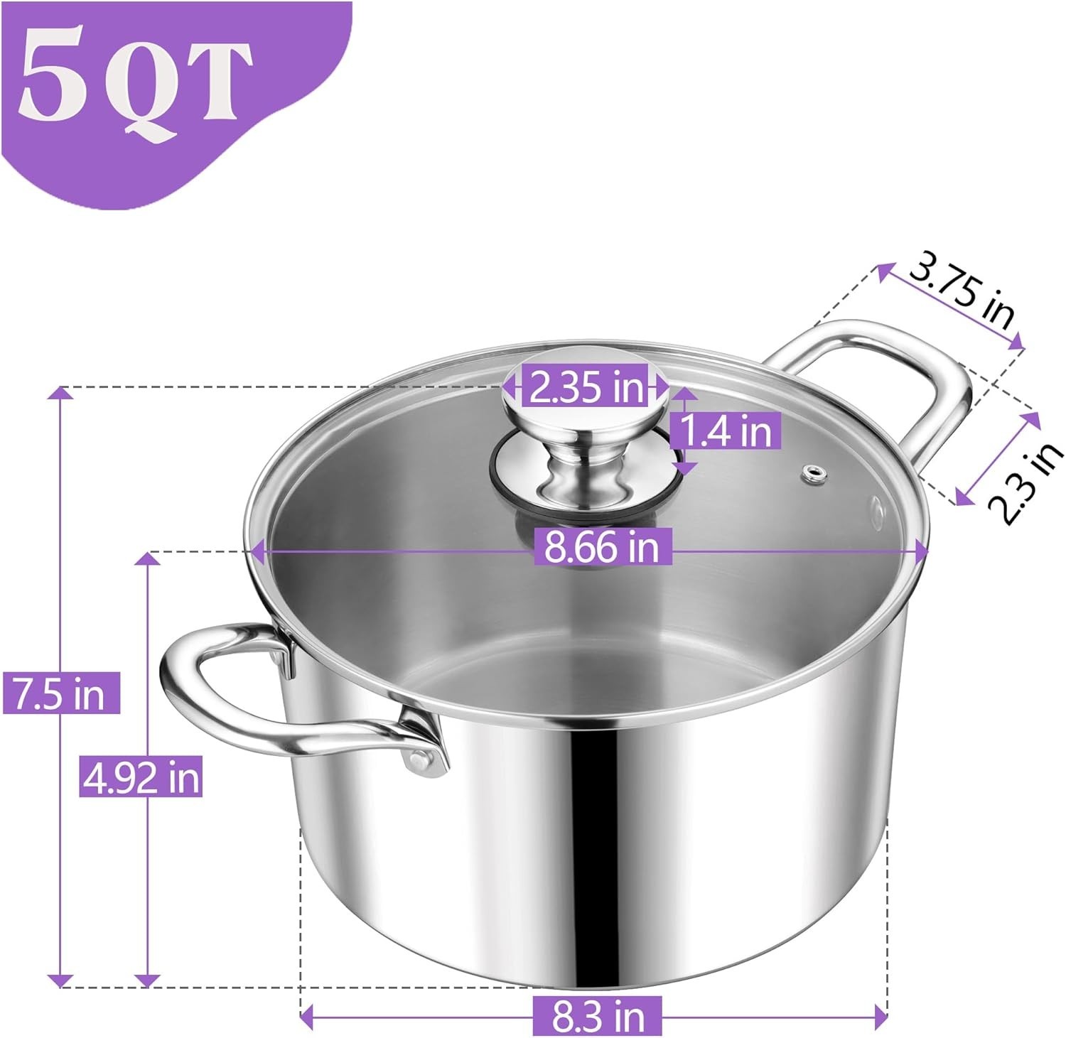 5 Quart Tri-Ply Stainless Steel Stock Pot, Cooking Pot with Lid | 5 Qt Stockp…