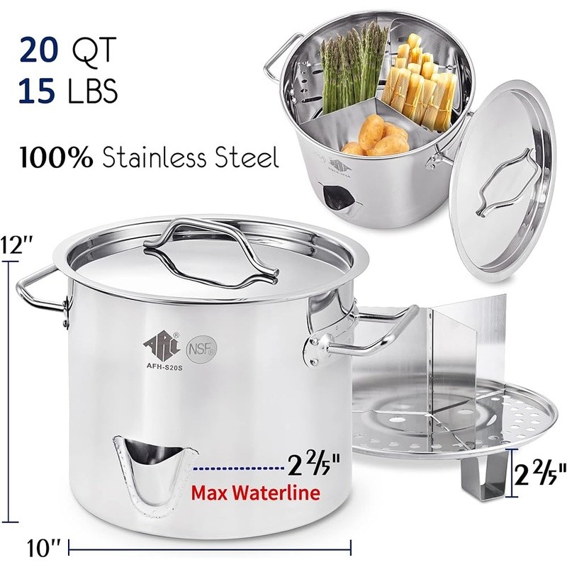 Premium Stainless Steel Vegetable Steamer W/ Spout Dividers & Steamer Rack New