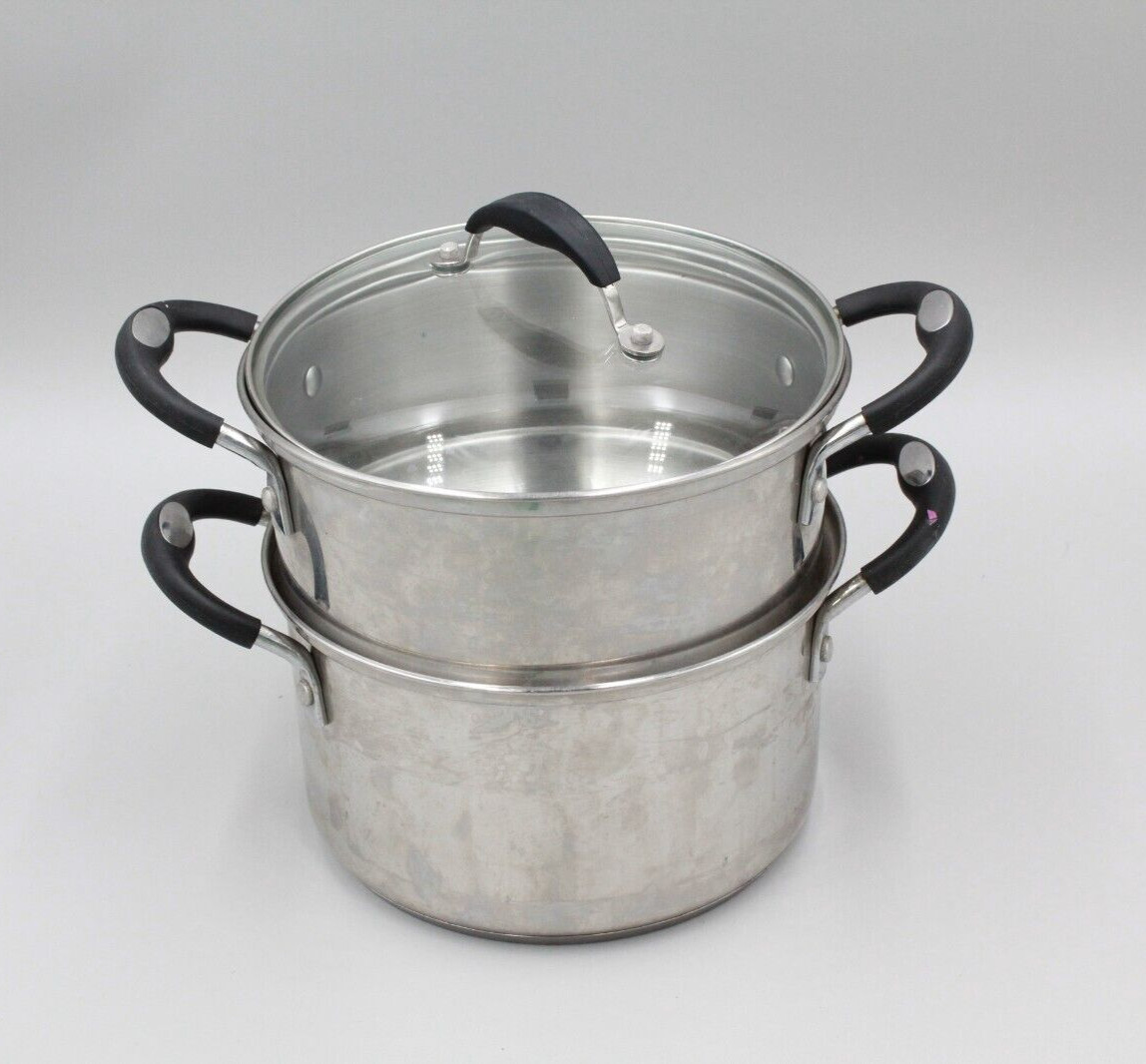 3 Pcs Tramontina 3 Qt Double-Boiler Stainless Steel Silver Black Clear Glass Lid
