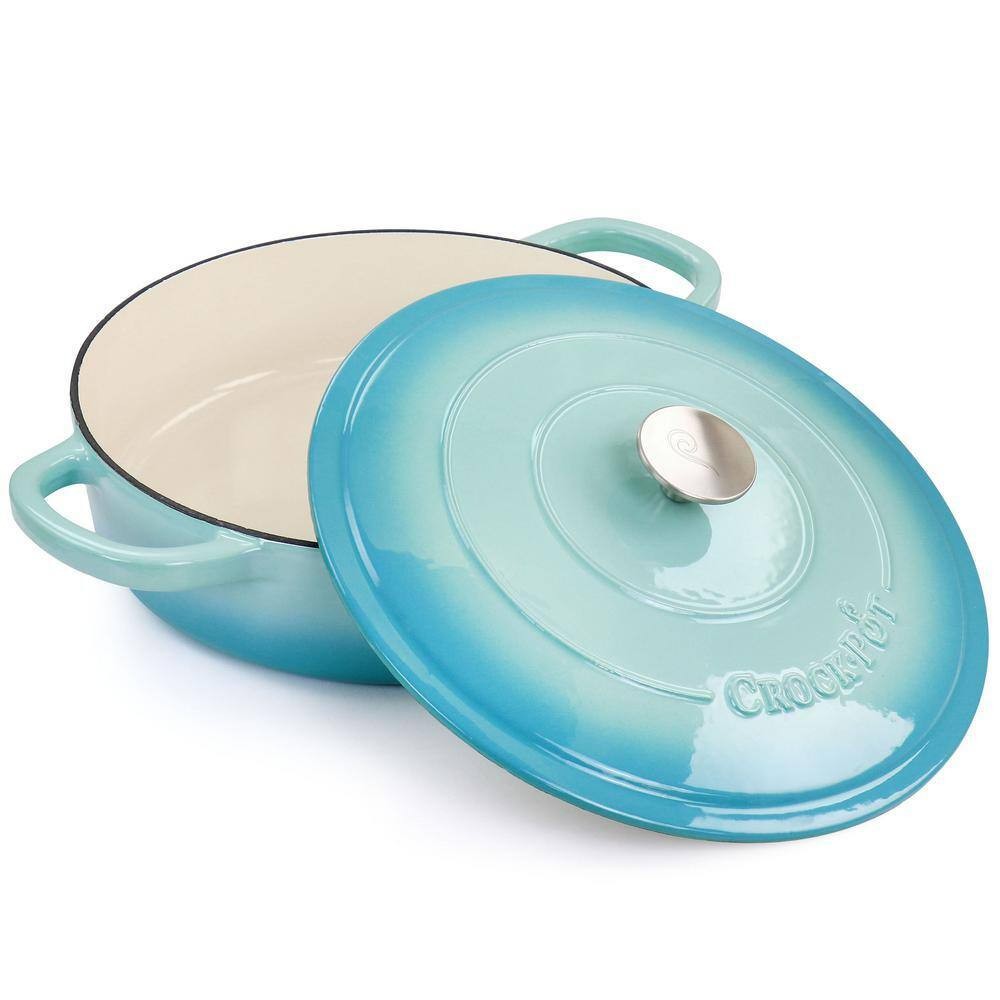 Crock Pot Artisan 5 Quart Enameled Cast Iron Braiser Pan w Lid in Gradient Aqua