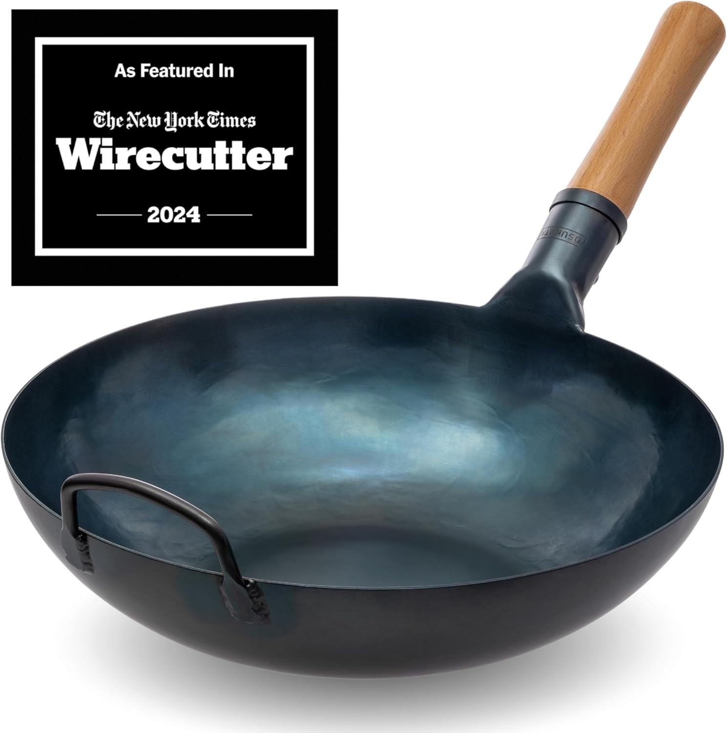 YOSUKATA 13.5” Blue Carbon Steel Wok Pan–Pre-Seasoned Flat Bottom Wok Compatible