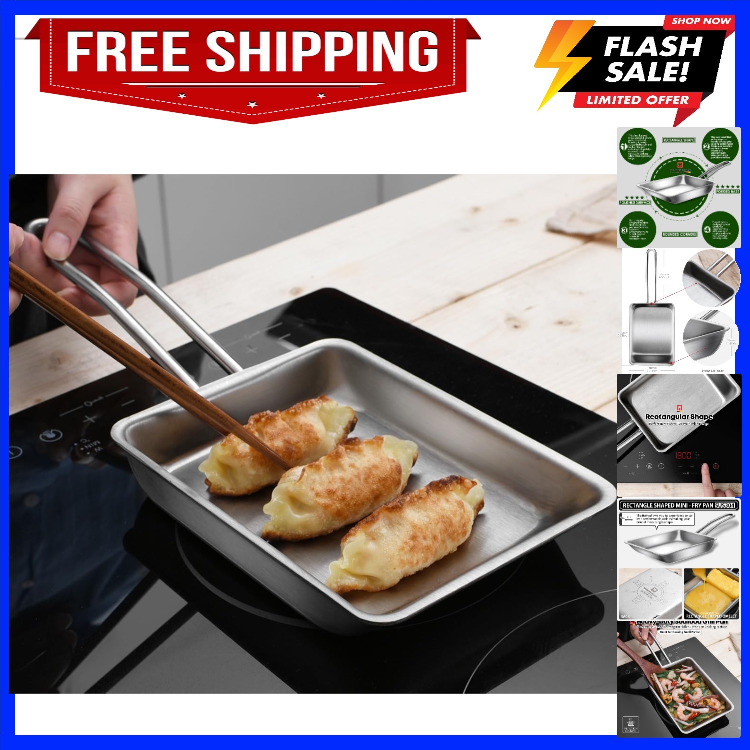 Stainless Steel Fry Pan, 3-Ply Reinforced Body, Rectangular Omelet Pan, Oven …