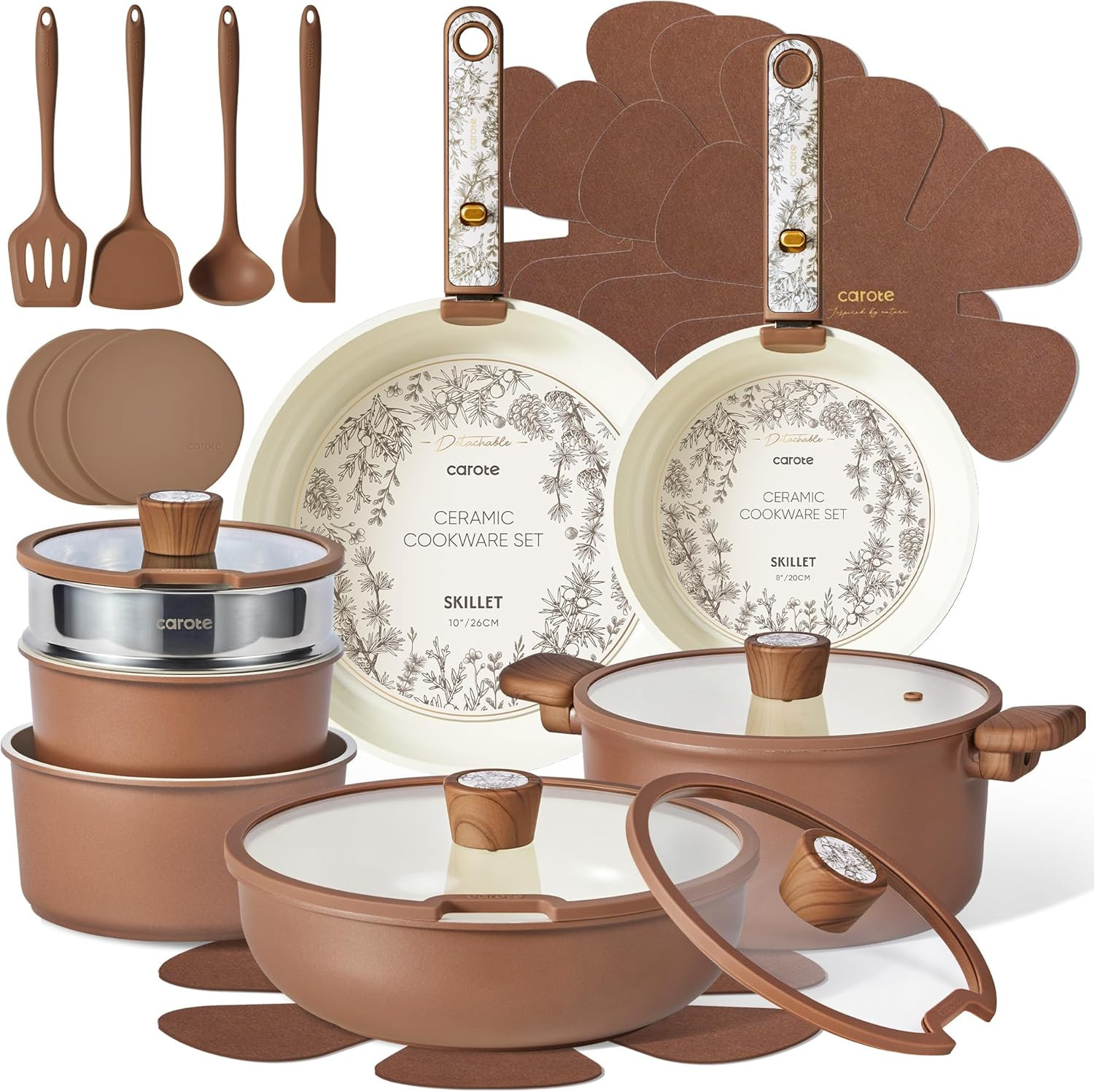 25-Piece Nonstick Ceramic Cookware Set, Induction Compatible, Chocolate