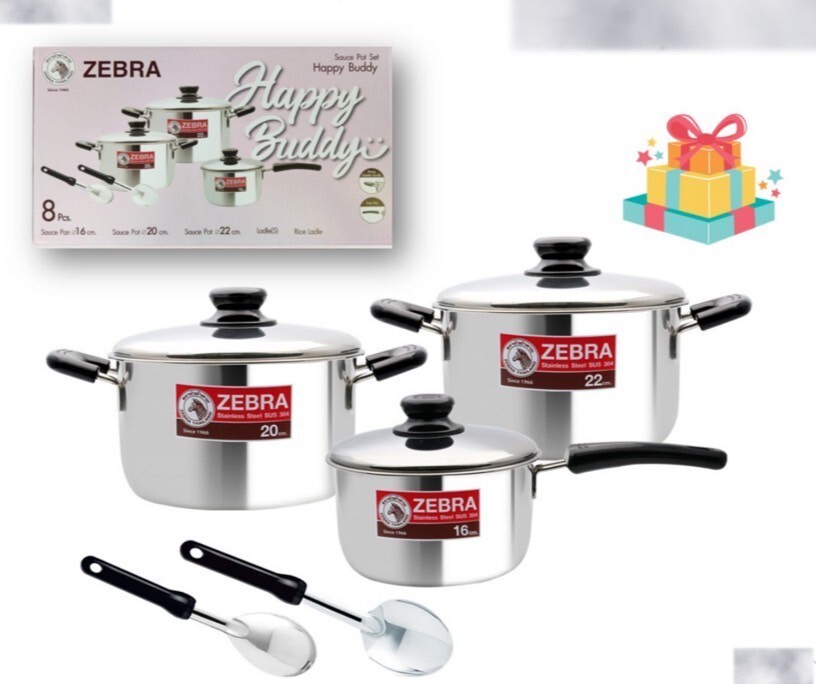 Thai Zebra Brand Kitchenware Set 3 Sauce Pots Set with 2 Ladles Stainless Steel