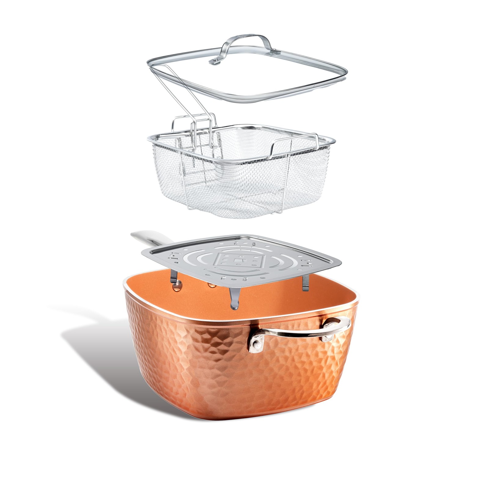 Gotham Steel Nonstick Square Deep Frying Pan 9.5 Copper Ceramic Pot Lid Basket