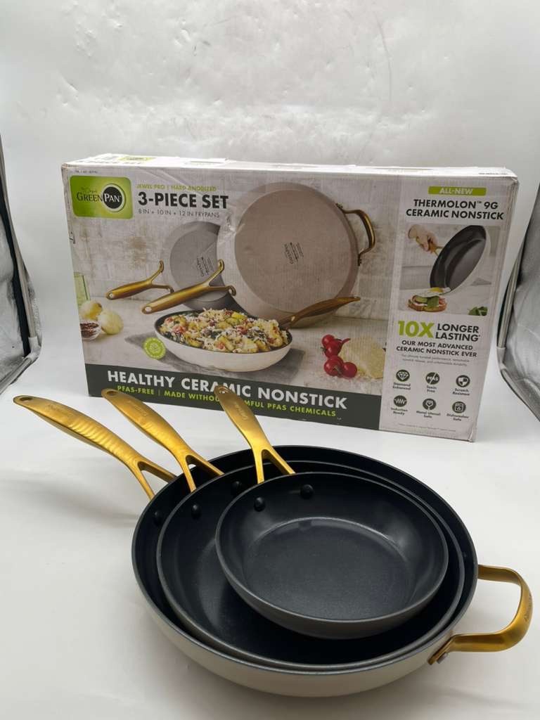 GreenPan Jewel Pro Hard Anodized Ceramic Nonstick 3-Piece Fry Pan Set- USED