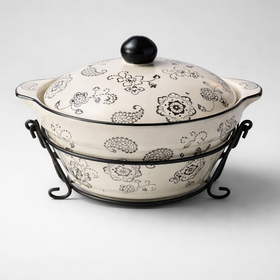 Temp-tations by Tara Paisley Ceramic Casserole Set 2.5QT 1QT Cream Black 5pc