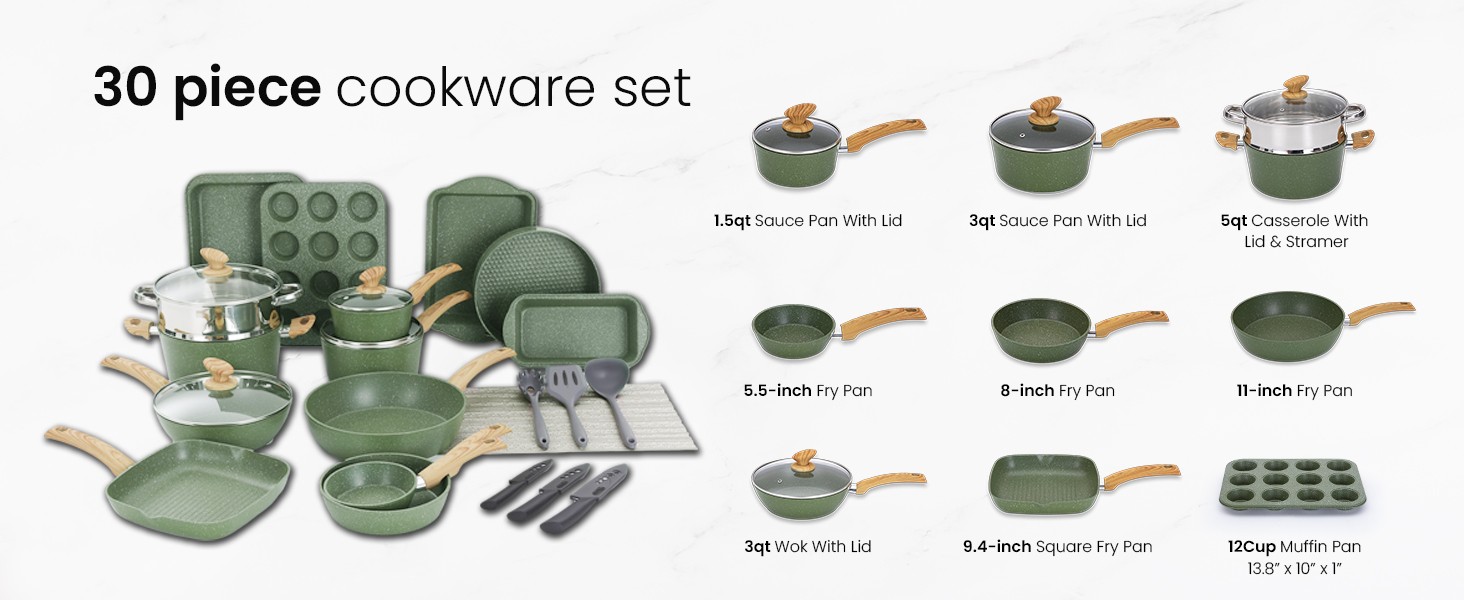 Green Pots and Pans Set Non Stick, 30 Piece Induction Kitchen Cookware Sets for