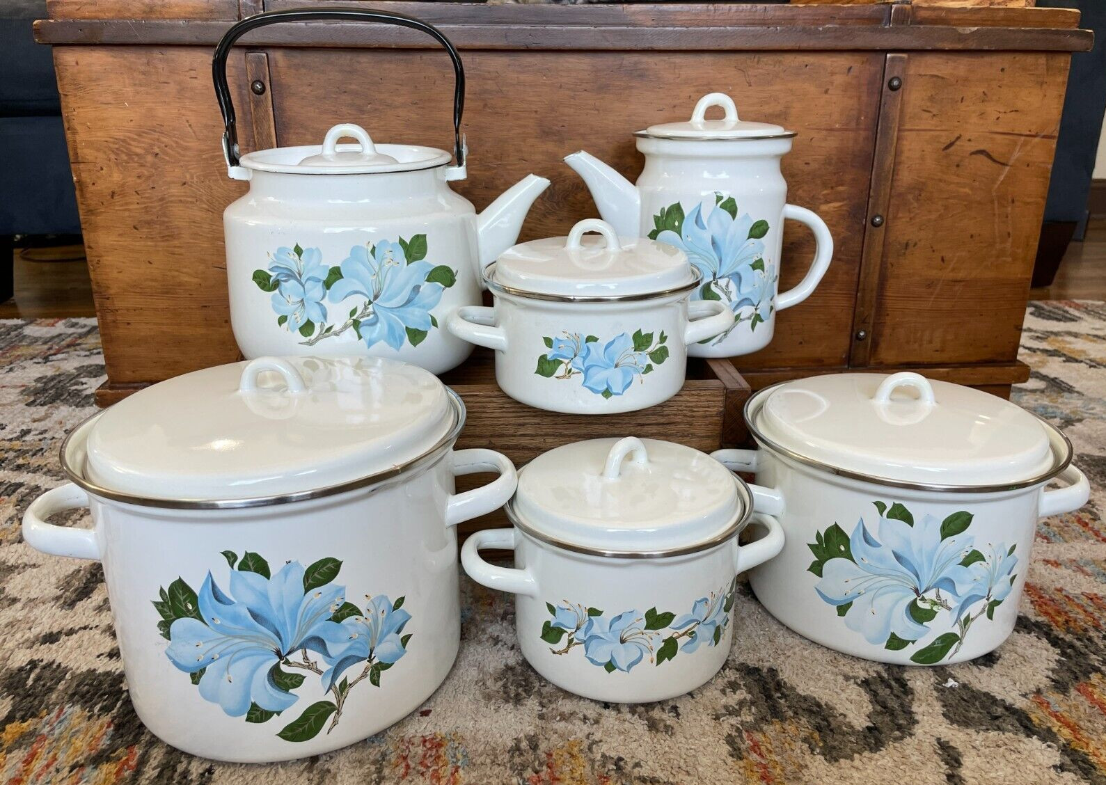 Vintage Set of Enamel Cookware, Farmhouse Blue Flowers, Pots, Teapot, Tea Kettle