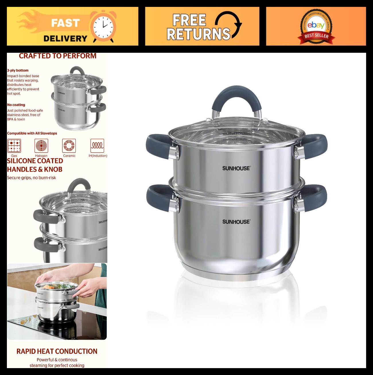3-Quart Stainless Steel Steamer Pot with Glass Lid & Basket – 2 Tier Induction C